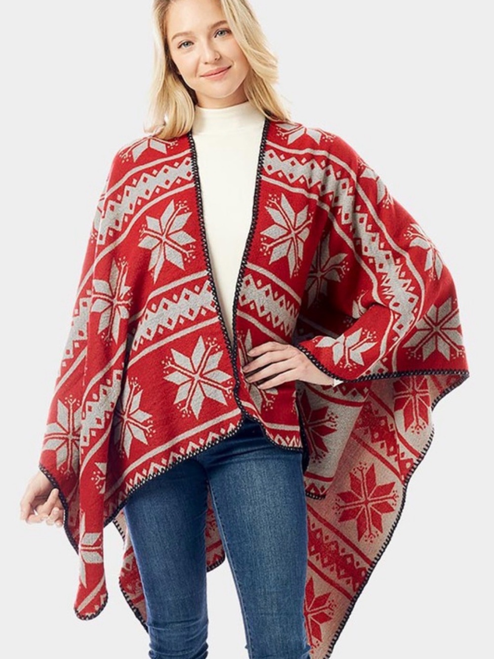 Red Fair Isle Open-Front Poncho Cardigan